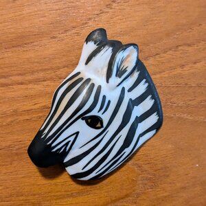 Handmade Signed Zebra Head Brooch Pin - Unique Folk Art Jewelry 3" Tall